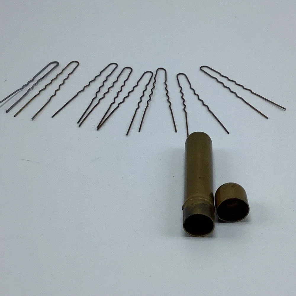 Vintage Gold Metal Bobby Pin Tube Holder & 8‎ Bobby Pins